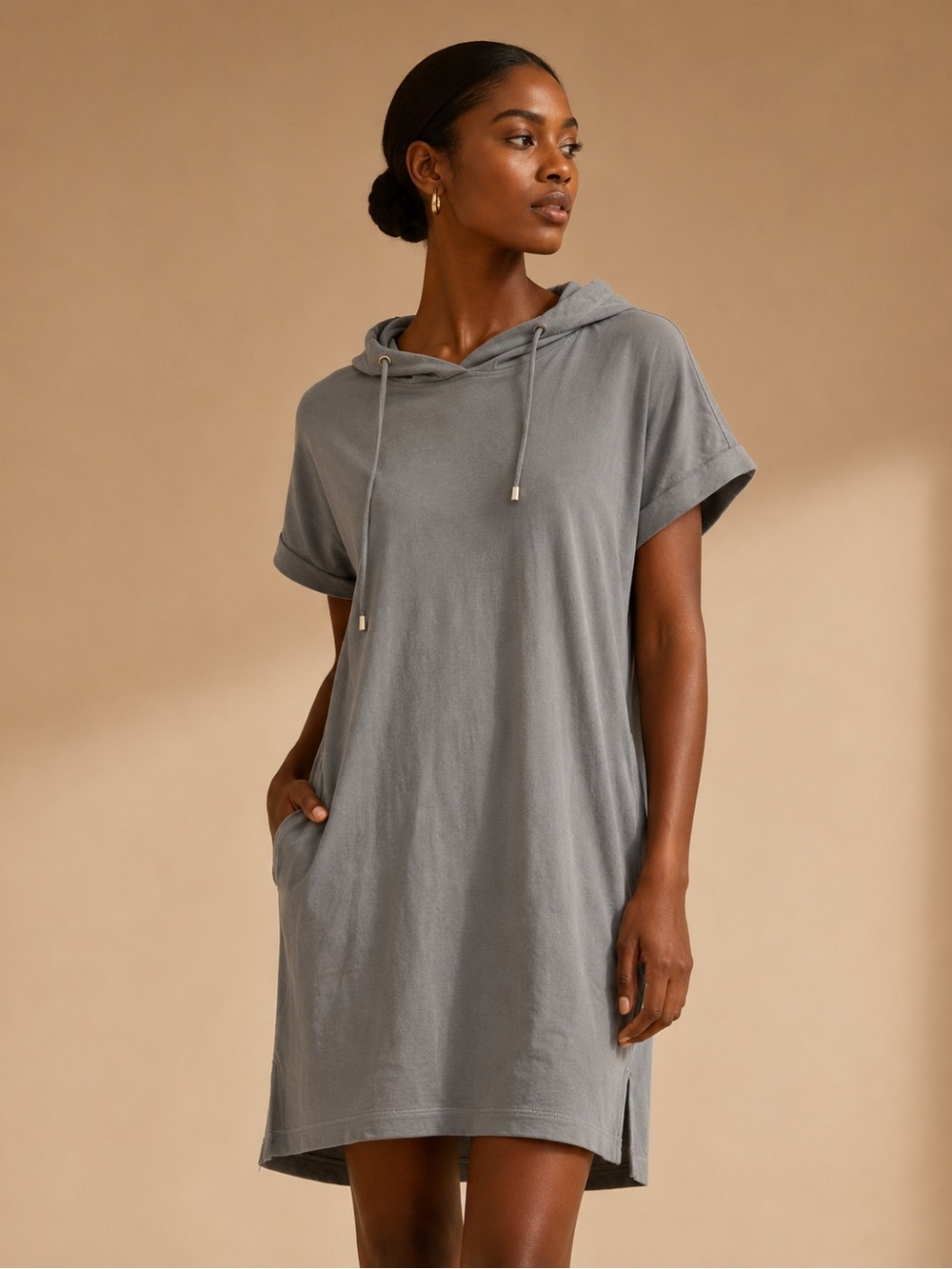 Women's Short-Sleeve Hooded Swim Cover-Up Dress in Gray M